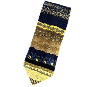 Daniel De Fasson Mens Necktie Navy Blue Gold Abstract Geometric Silk Hand Made